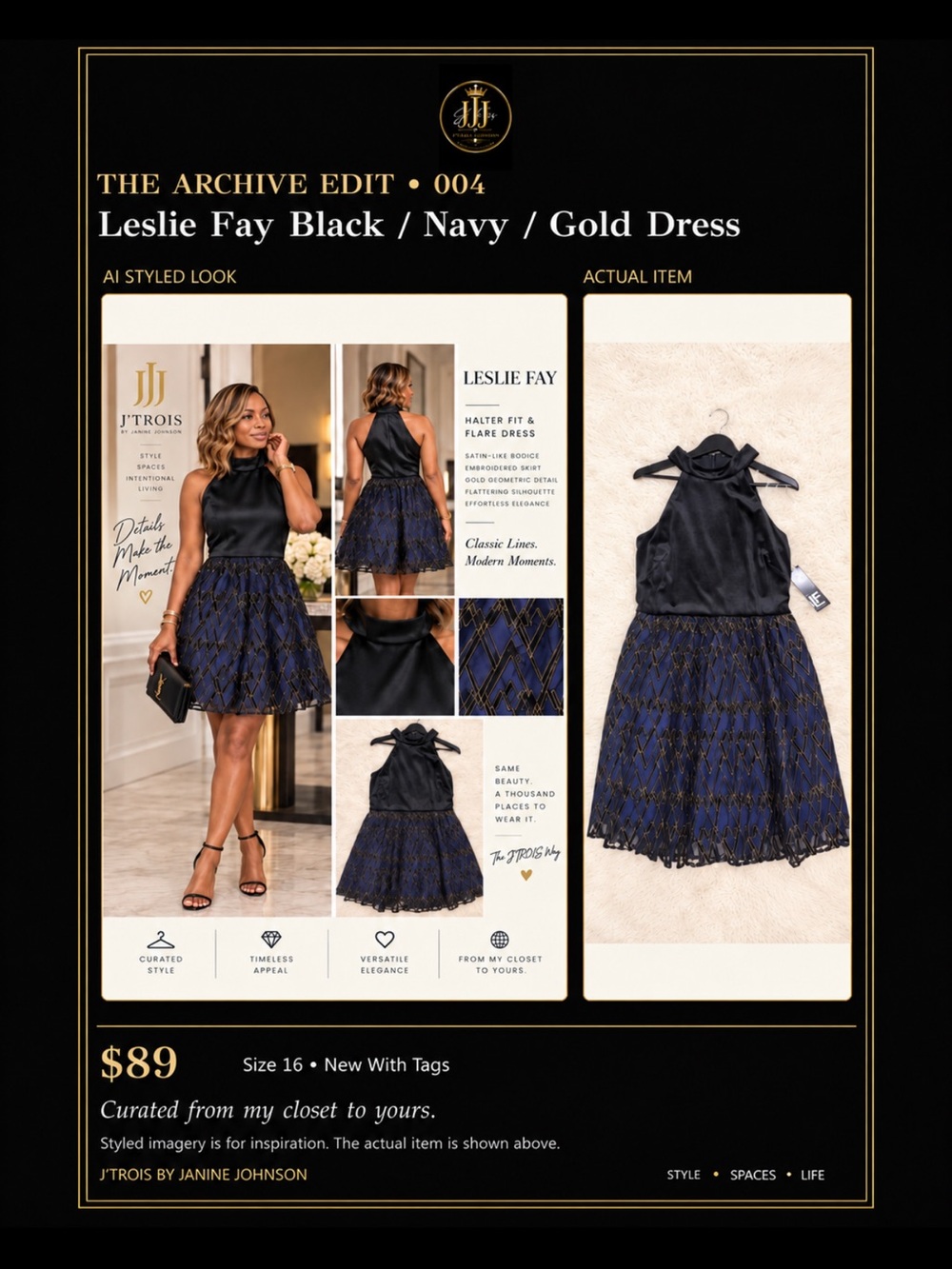 Leslie Fay Navy and Gold Halter Fit & Flare Dress